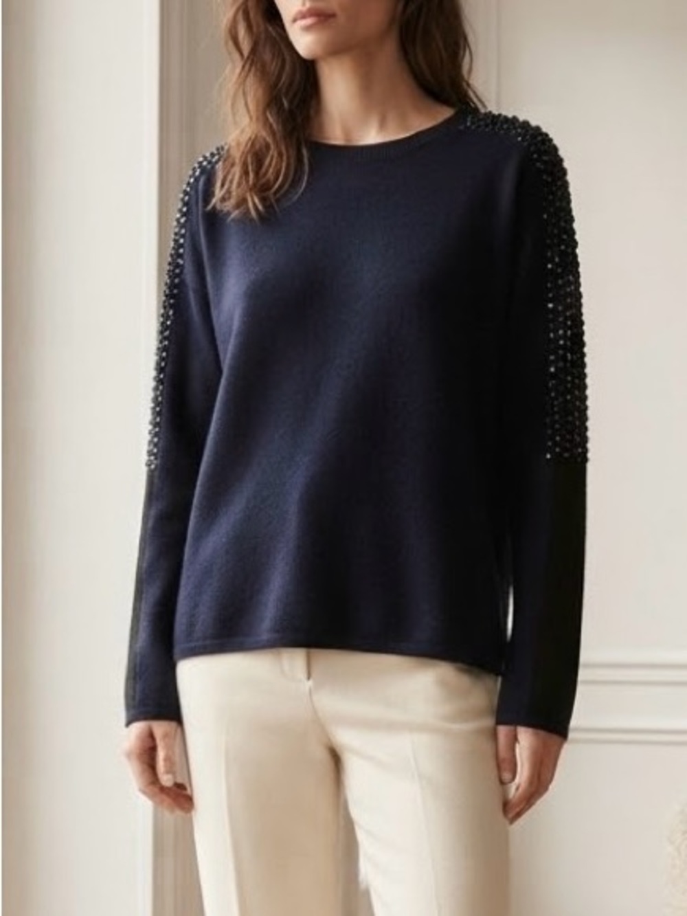 Neiman Marcus Navy Rhinestone Beaded Colorblock Long Sleeve Sweater Size XL